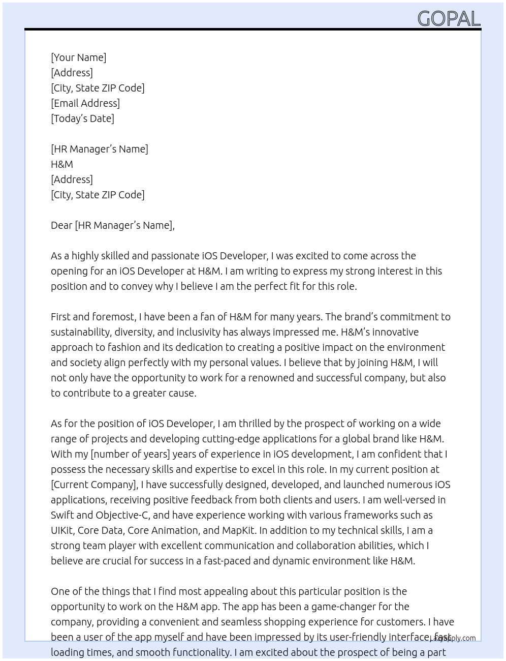 iOS Developer At H&M Cover Letter