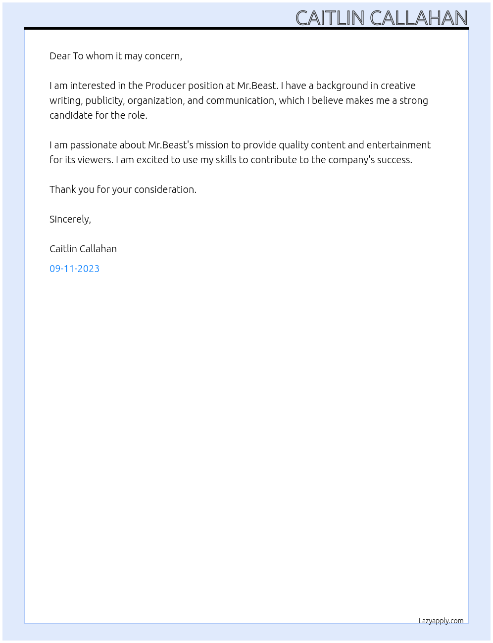 Producer  At Mr.Beast Cover Letter