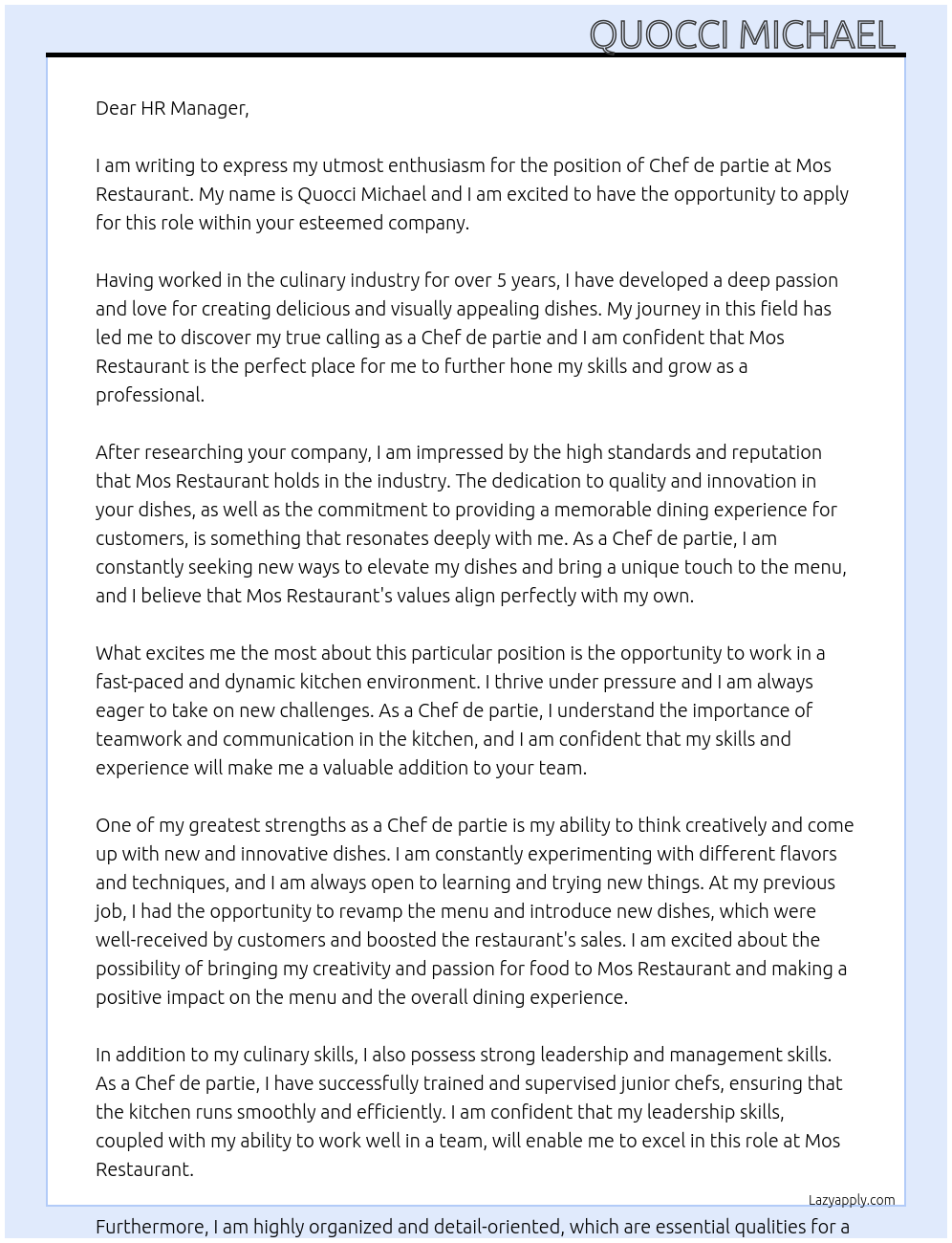 Chef de partie At Mos Restaurant Cover Letter