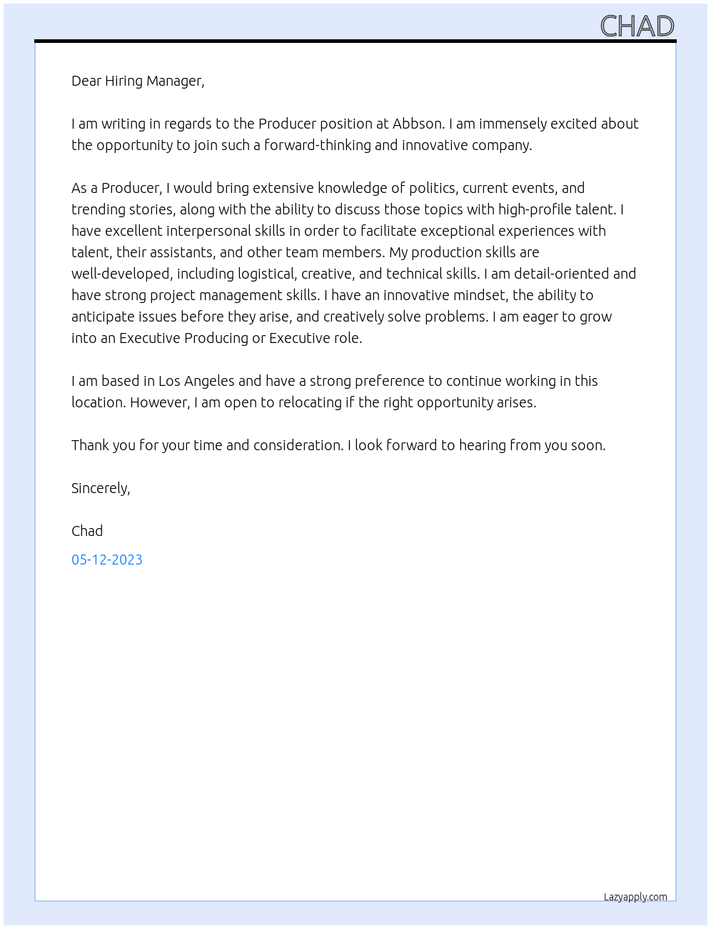 Producer At Abbson Cover Letter