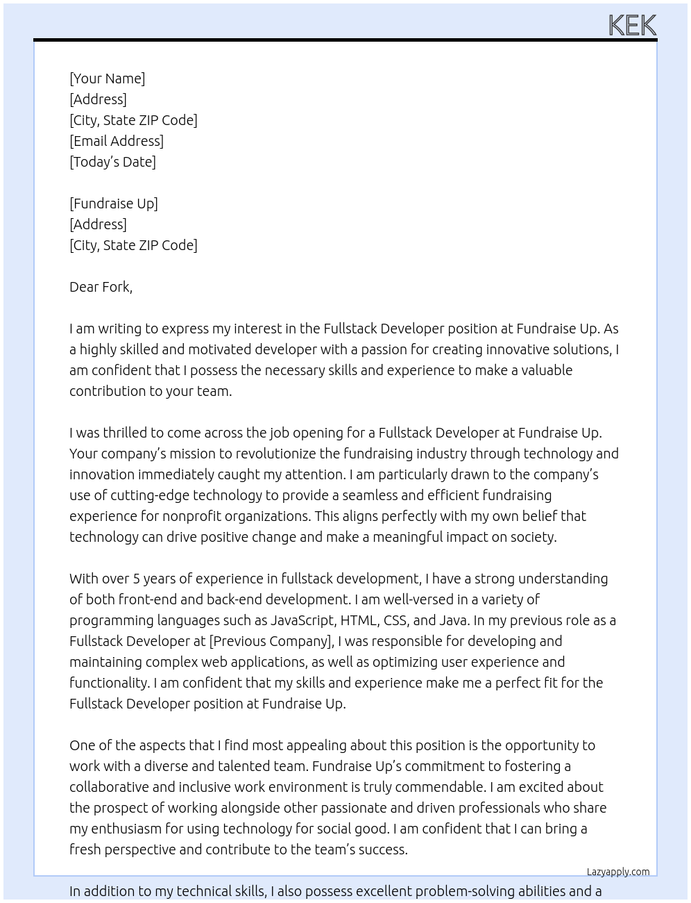 Fullstack developer At Fundraise Up Cover Letter
