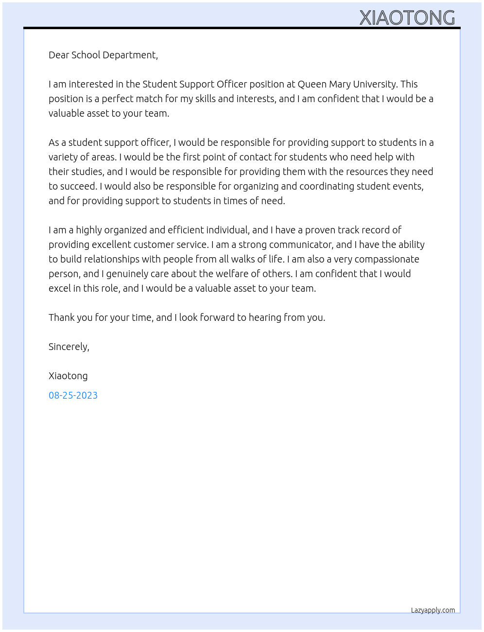 Student Support Officer At Queen Mary University Cover Letter