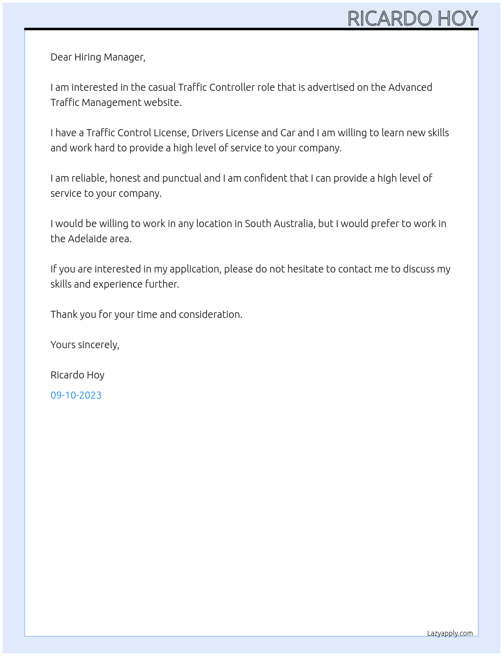 Traffic Controller At Advanced Traffic Management Cover Letter