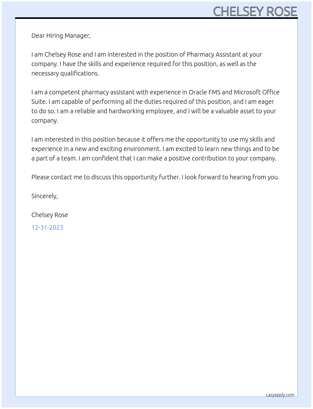 Pharmacy Assistant At ??? Cover Letter