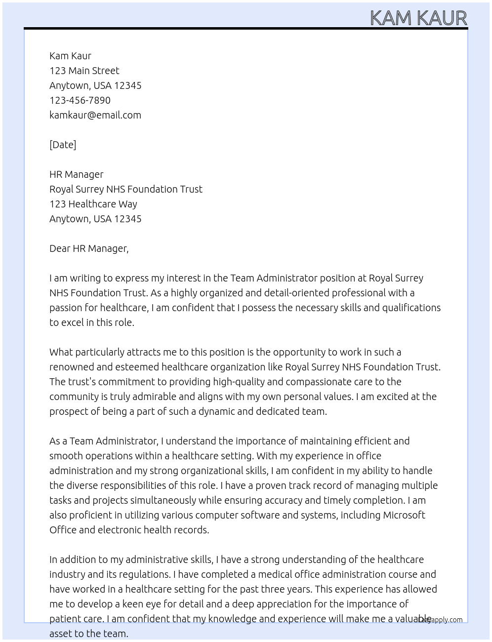 Team Administrator At Royal Surrey NHS Foundation Trust Cover Letter