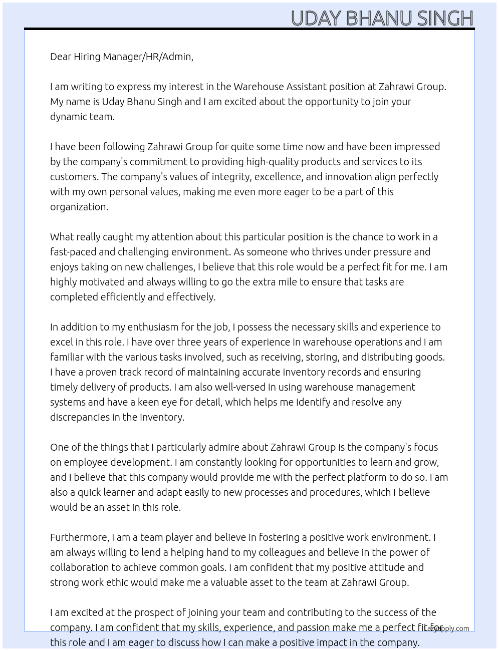 Warehouse Assistant  At Zahrawi Group Cover Letter