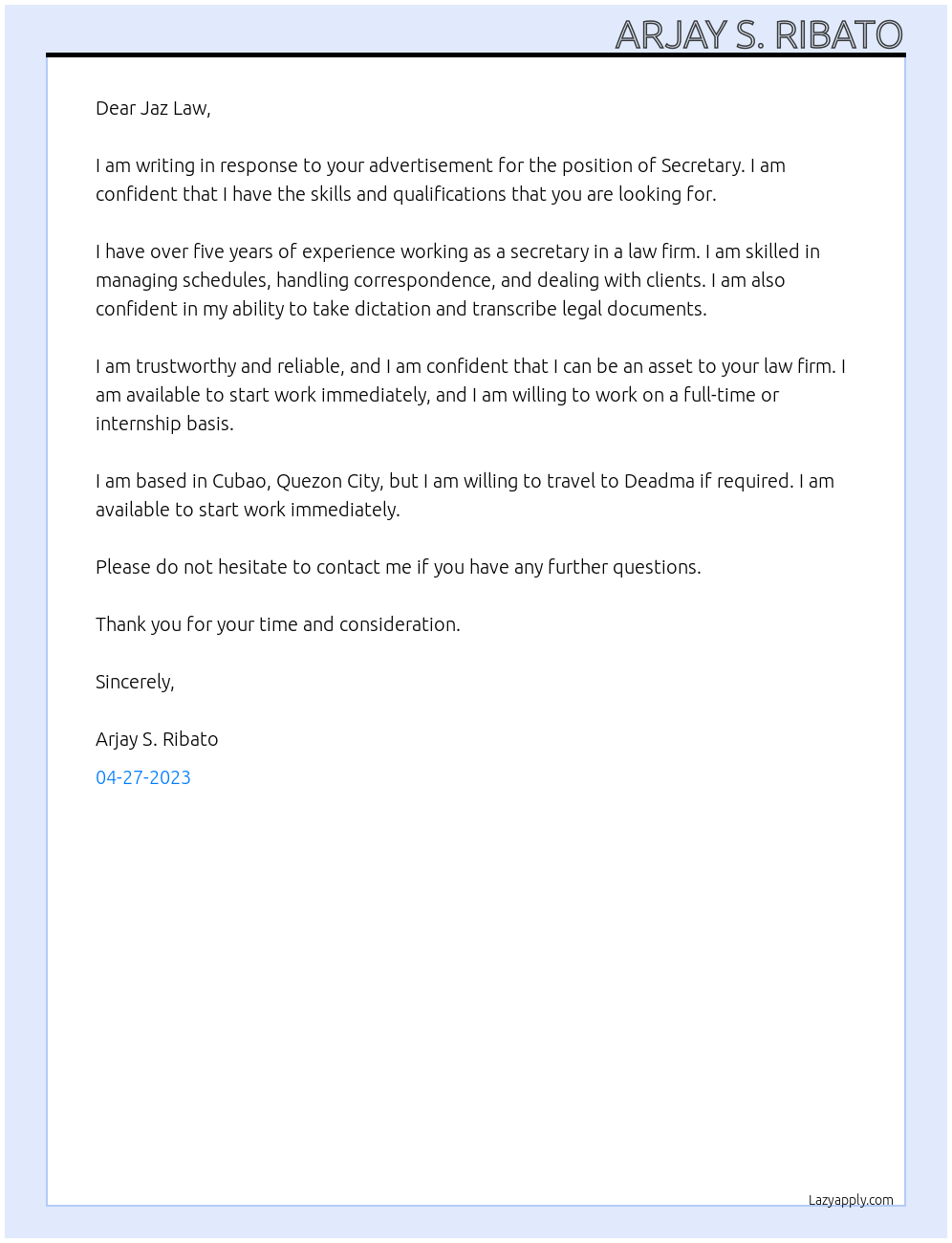 Secretary At Jaz Law Office Cover Letter