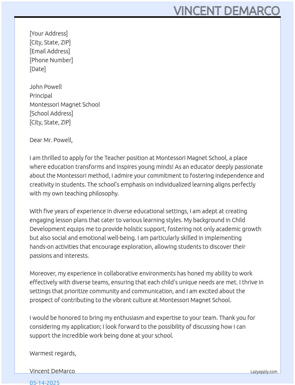 Teacher At Montessori Magnet School Cover Letter