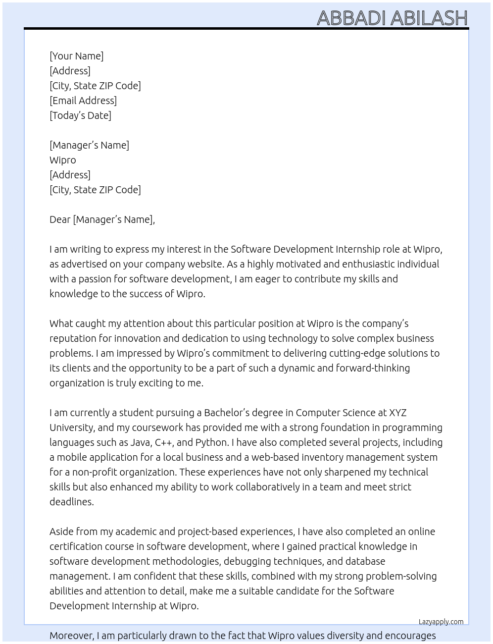 Software Development At Wipro Cover Letter