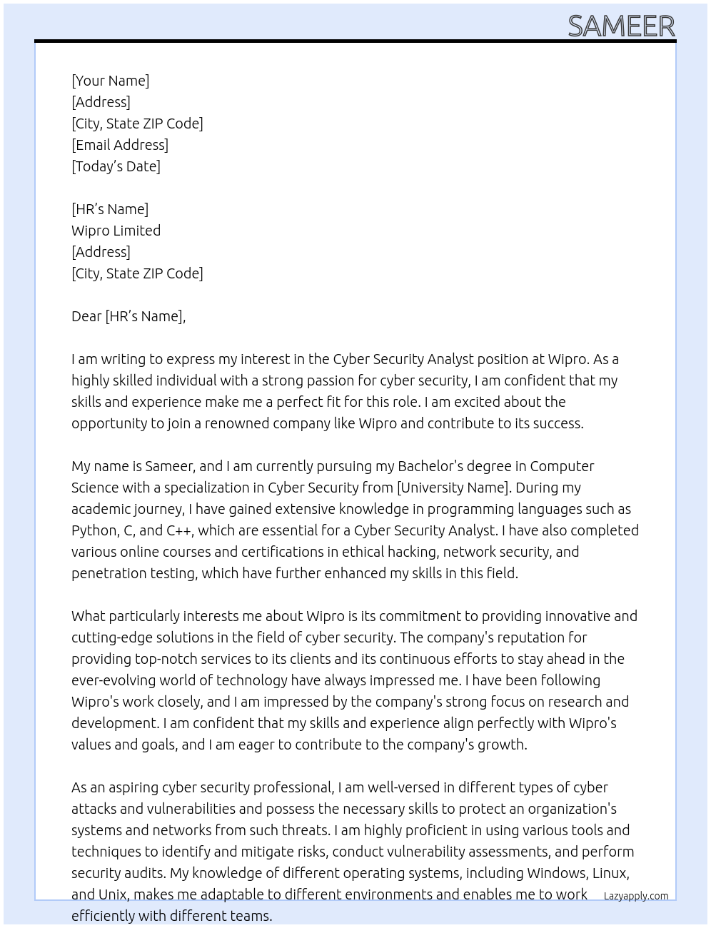 Cyber Security Analyst At wipro Cover Letter