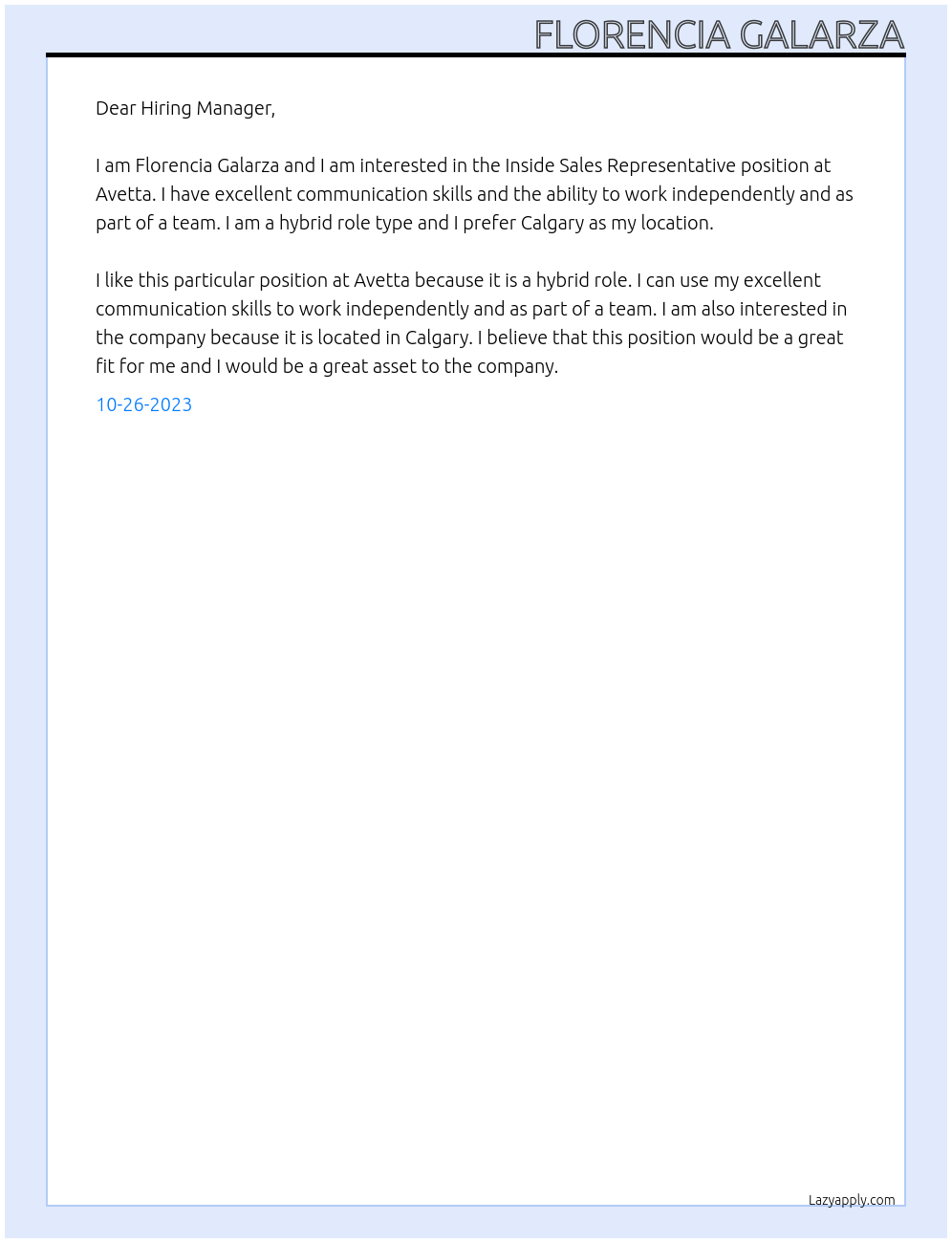 Inside Sales Representative At Avetta Cover Letter
