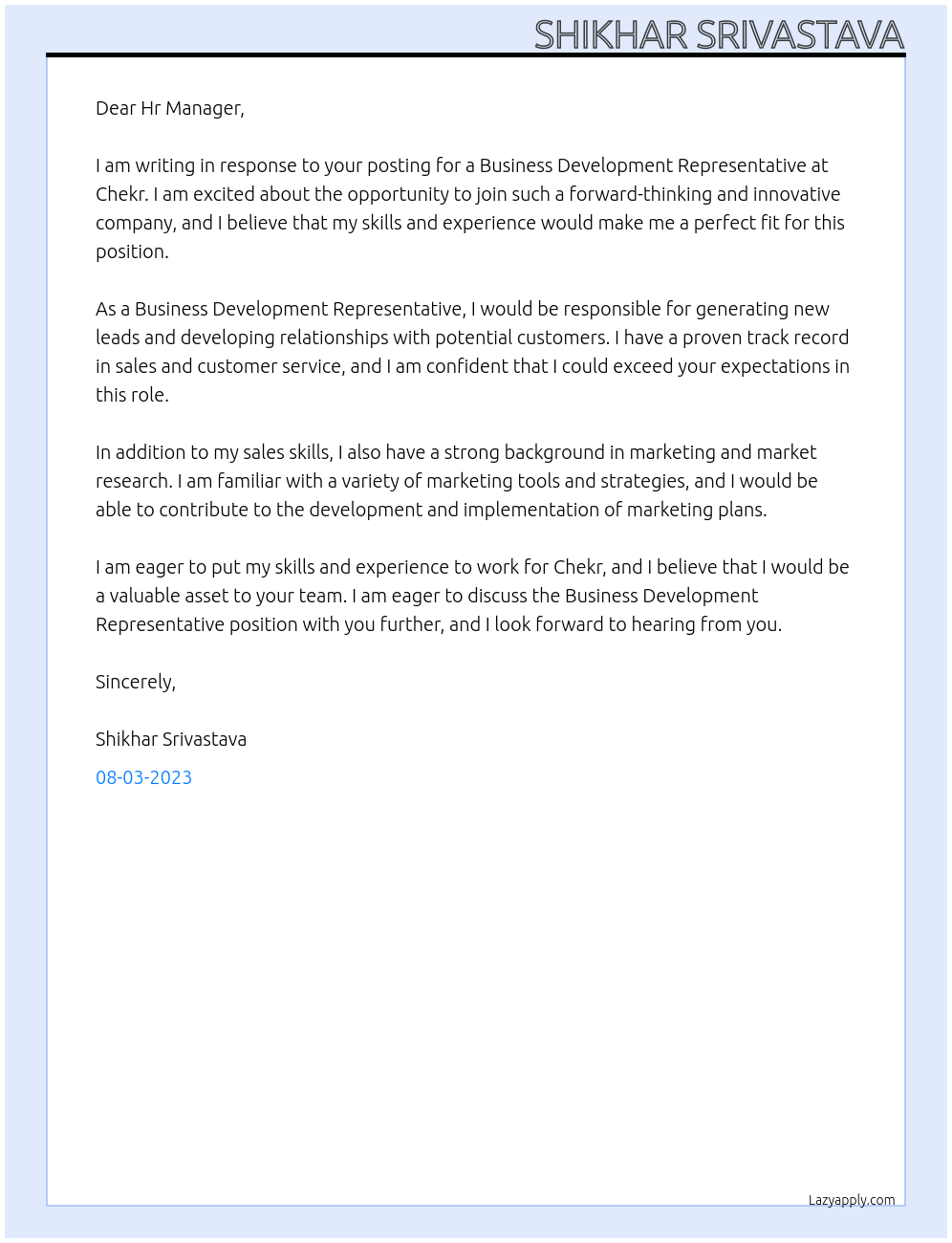 Business development representative At Chekr Cover Letter