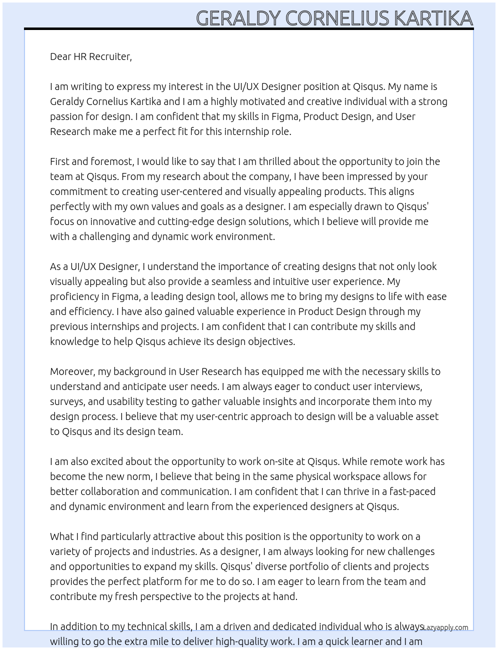 UI/UX Designer At Qisqus Cover Letter