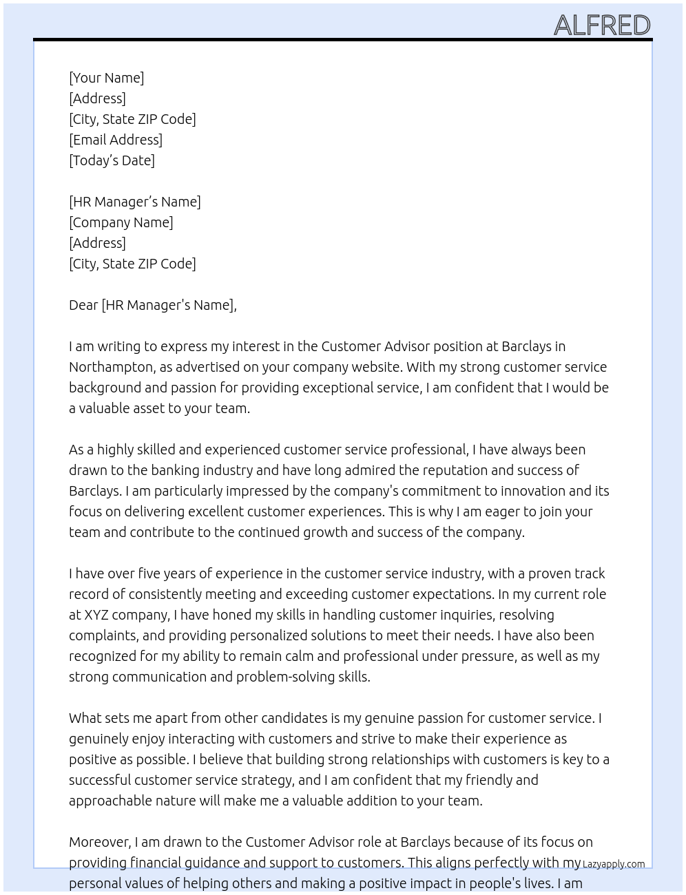 Customer Advisor  At Barclays Cover Letter