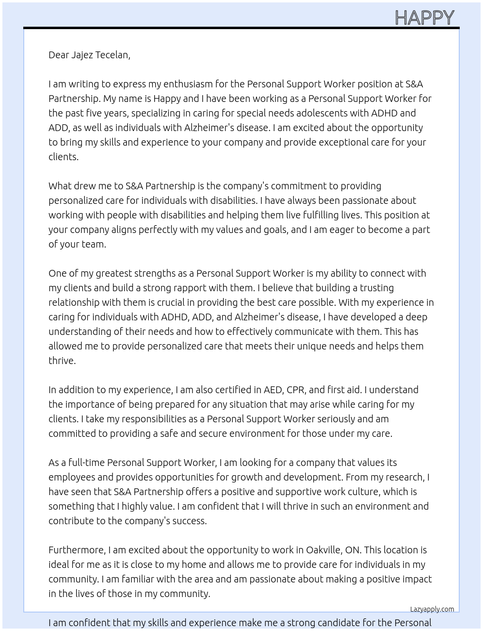 Personal support worker  At S&A Partnership Cover Letter