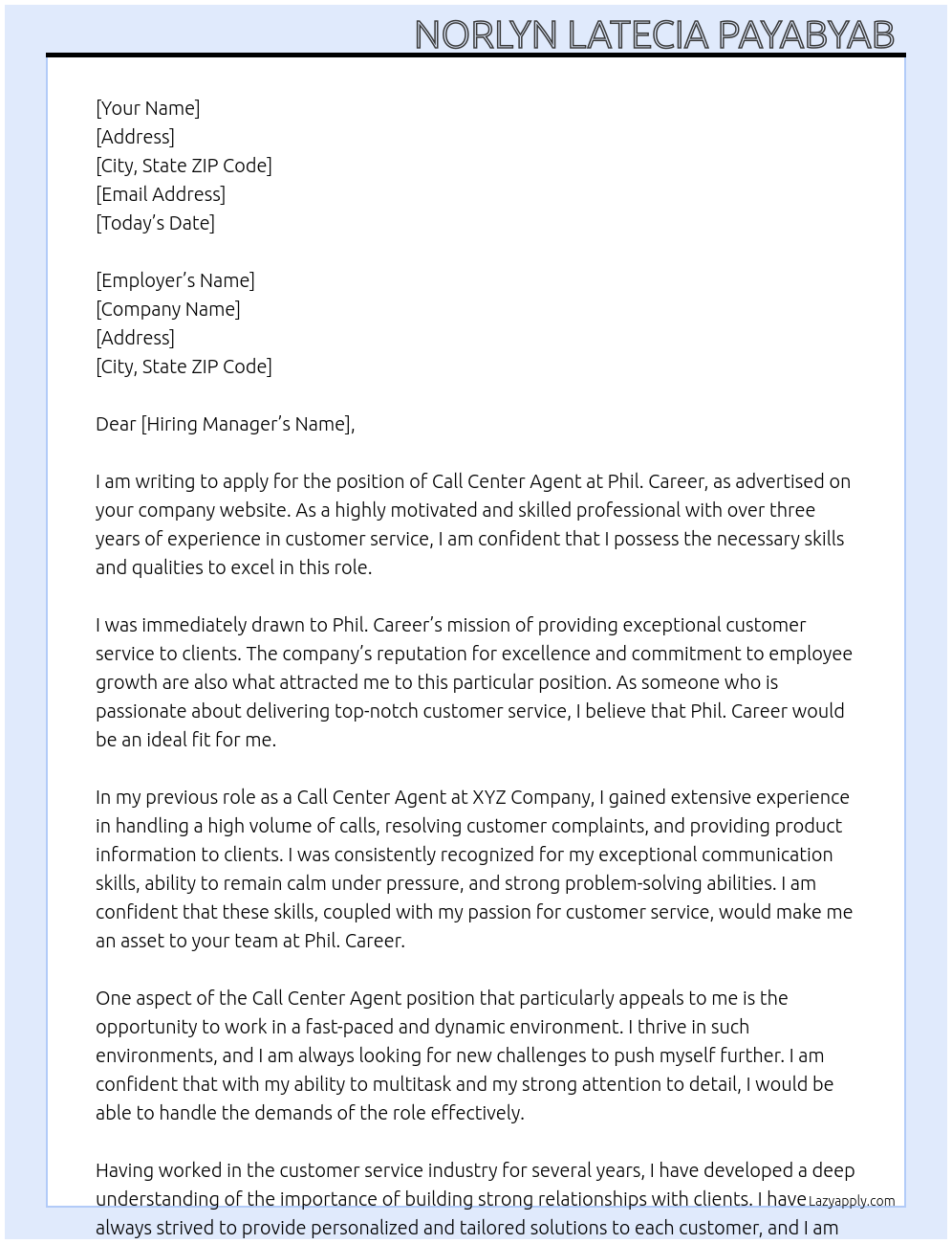 Call Center Agent At Phil. Career Cover Letter