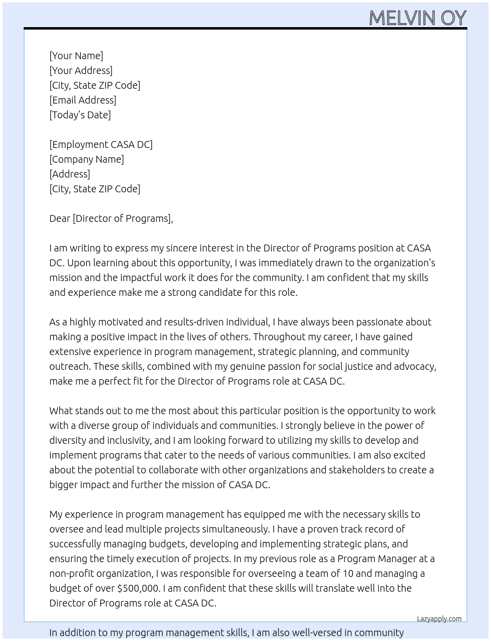 Director of Programs At CASA DC Cover Letter