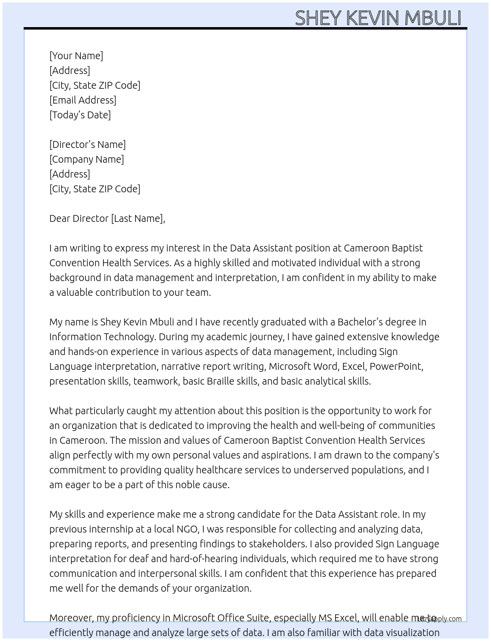 Data assistant At Cameroon Baptist convention health services Cover Letter