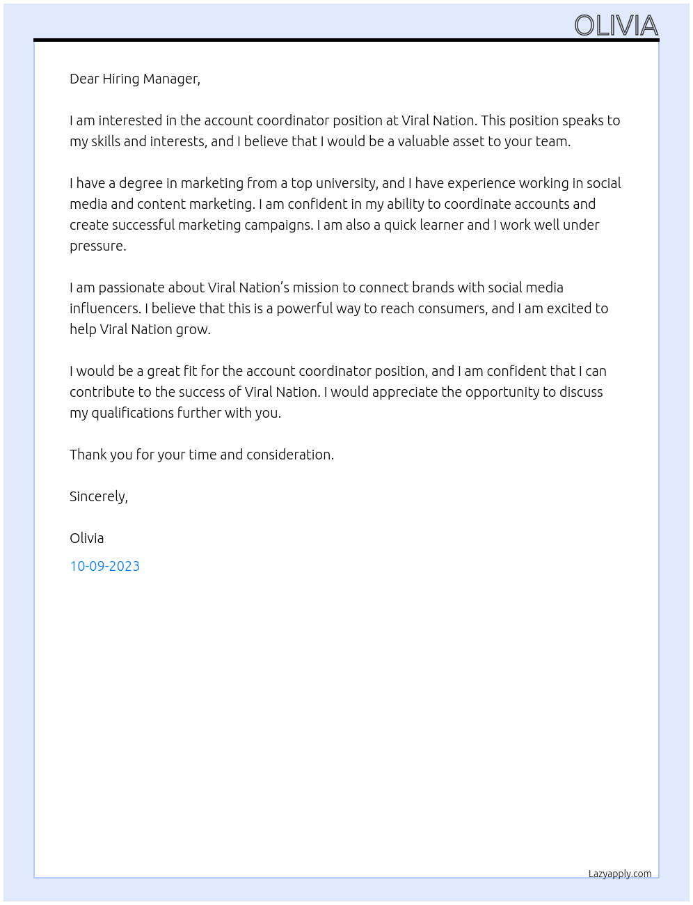 Account Coordinator At Viral Nation Cover Letter