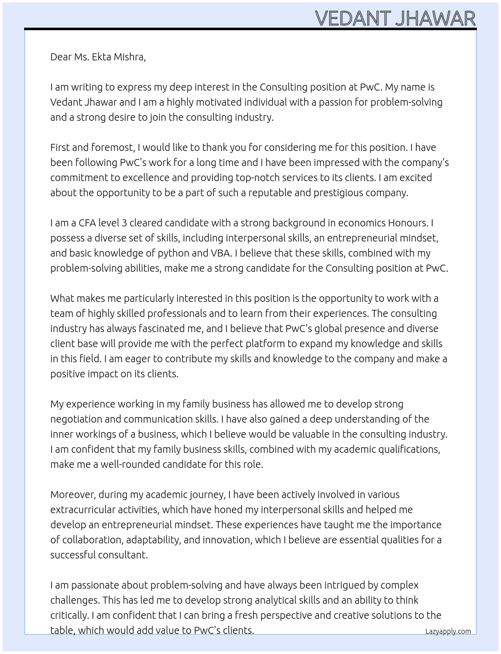 Consulting At PwC Cover Letter