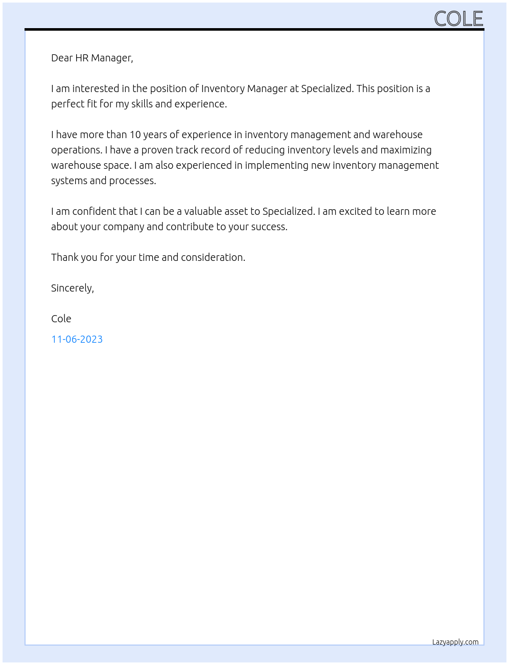 Inventory Manager At Specialized Cover Letter