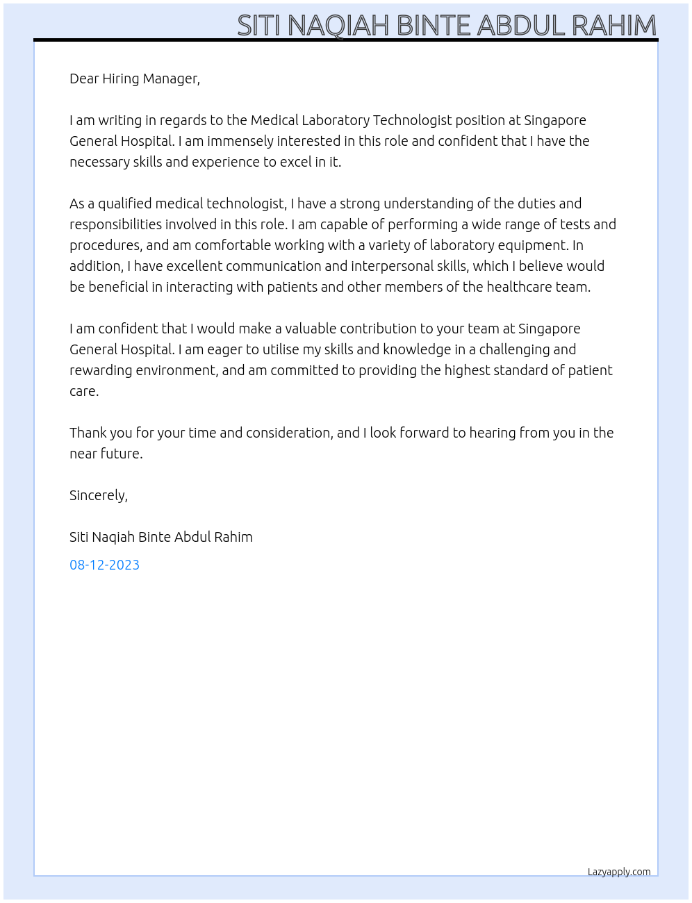 Medical Laboratory Technologist At Singapore General Hospital Cover Letter