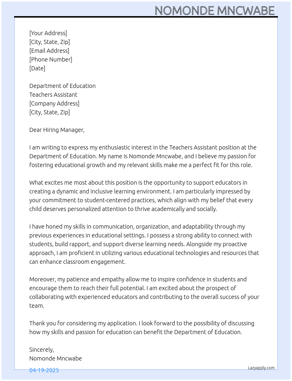 Teachers Assistant At Teachers Assistant Cover Letter