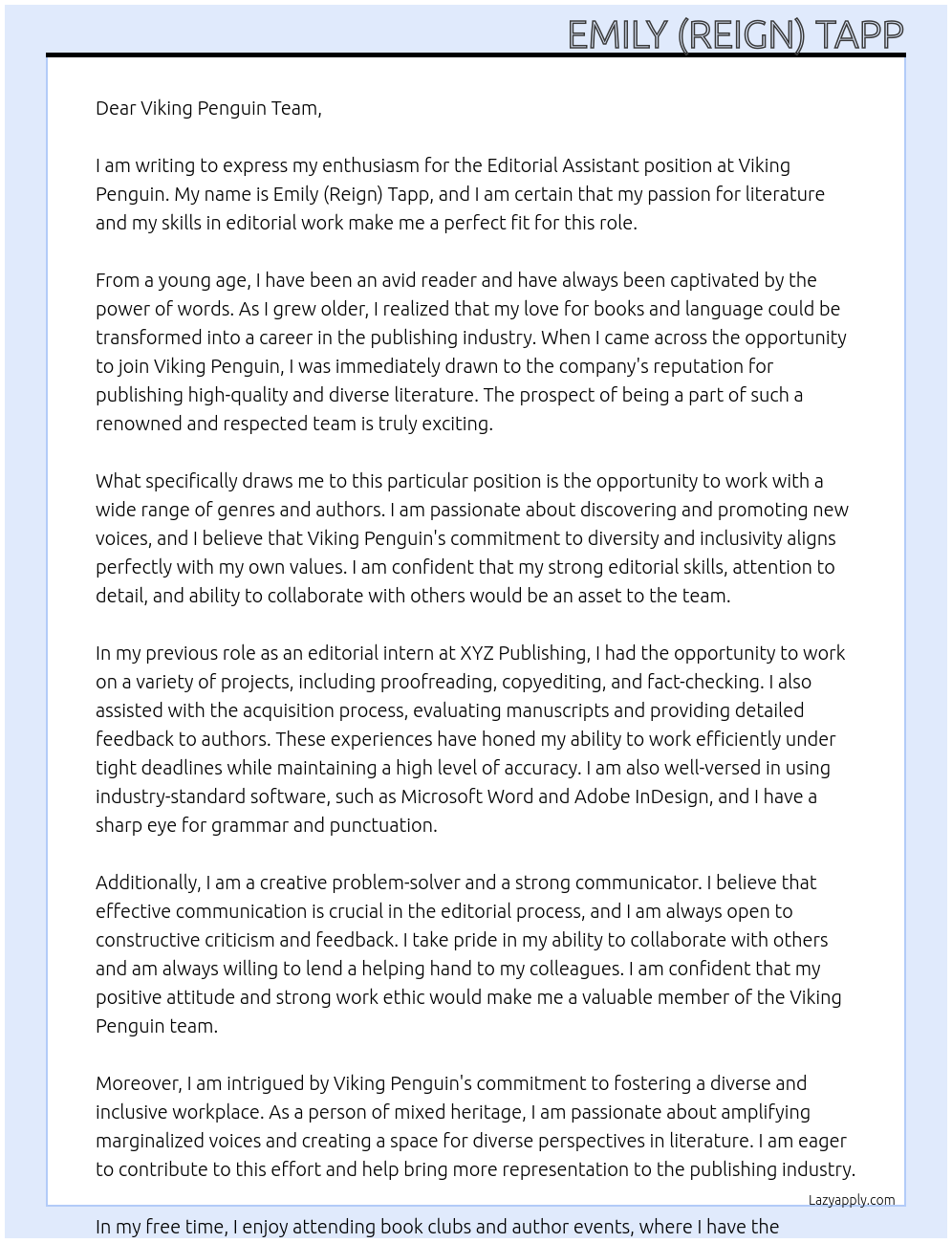 Editorial Assistant At Viking Penguin Cover Letter