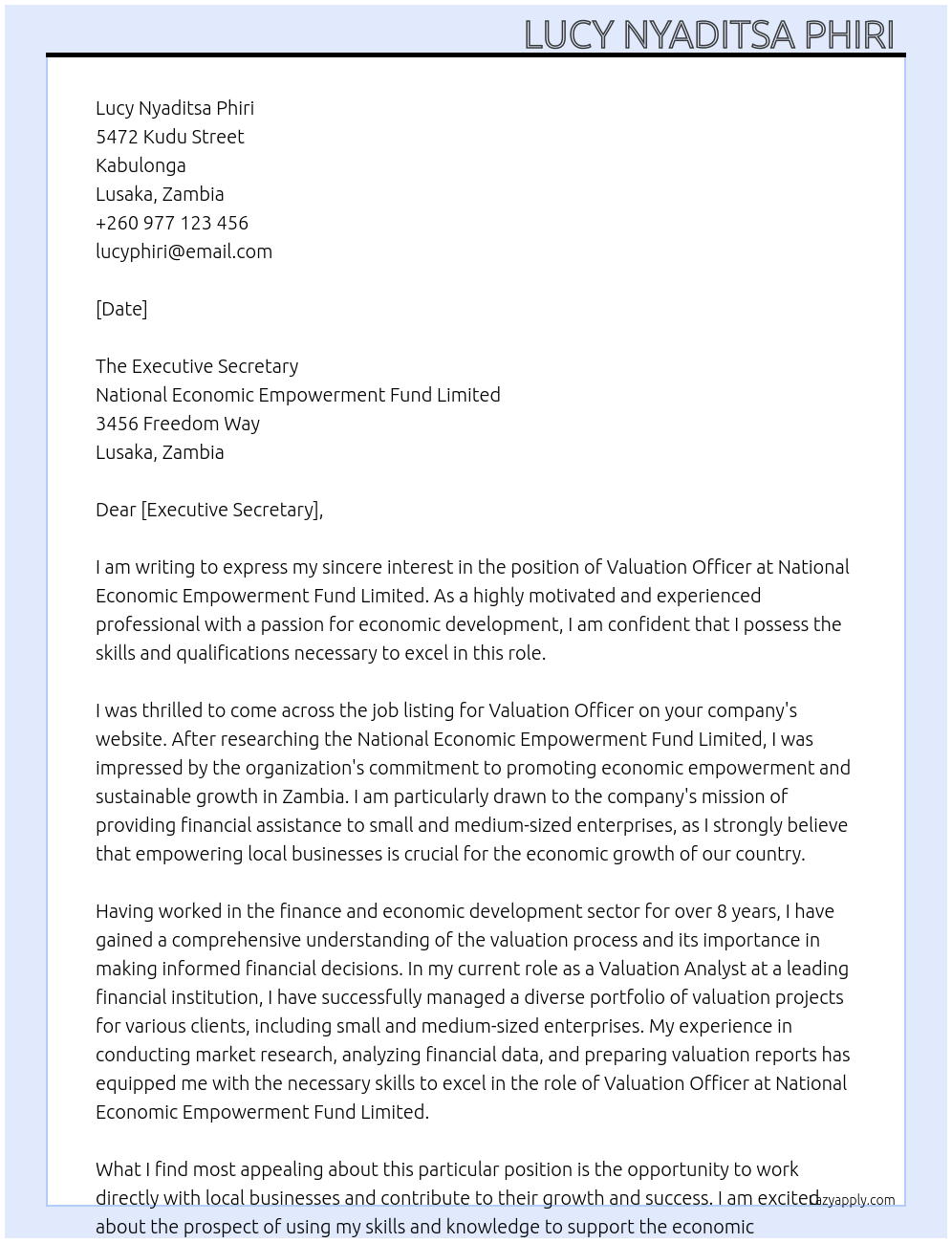 Valuation officer At National economic empowerment fund limited  Cover Letter