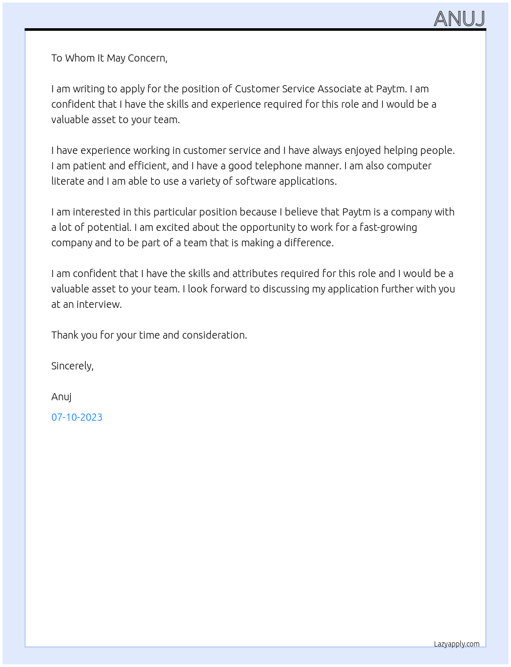 Customer Service Associate At Paytm Cover Letter