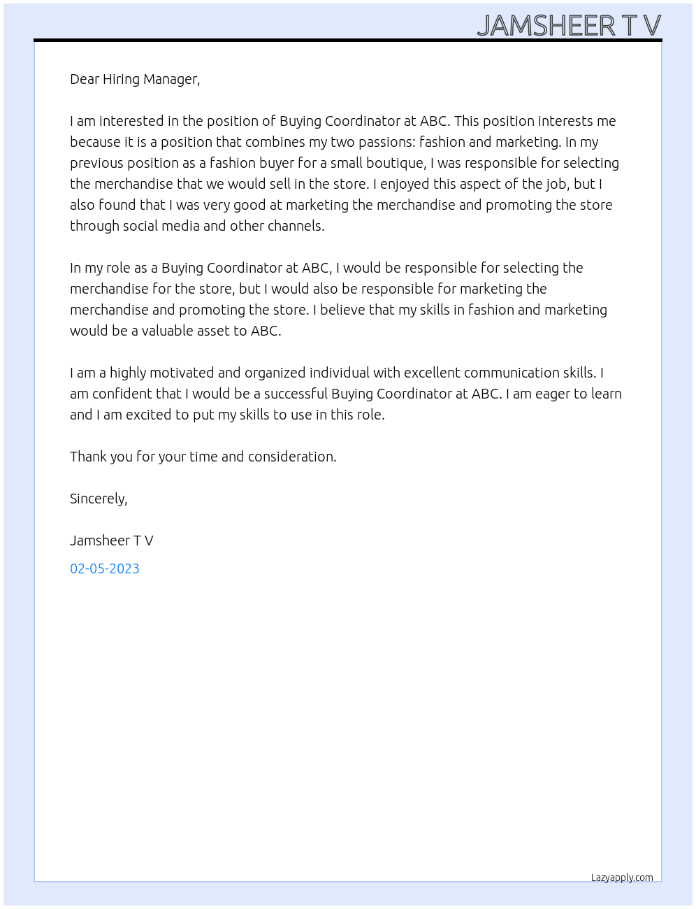 Buying Coordinator At ABC Cover Letter