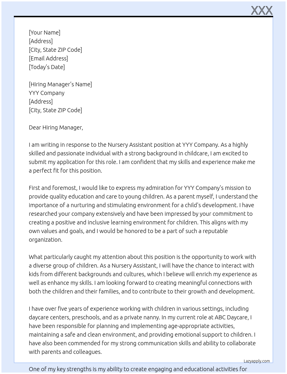 Nursery Assistant At YYY Cover Letter
