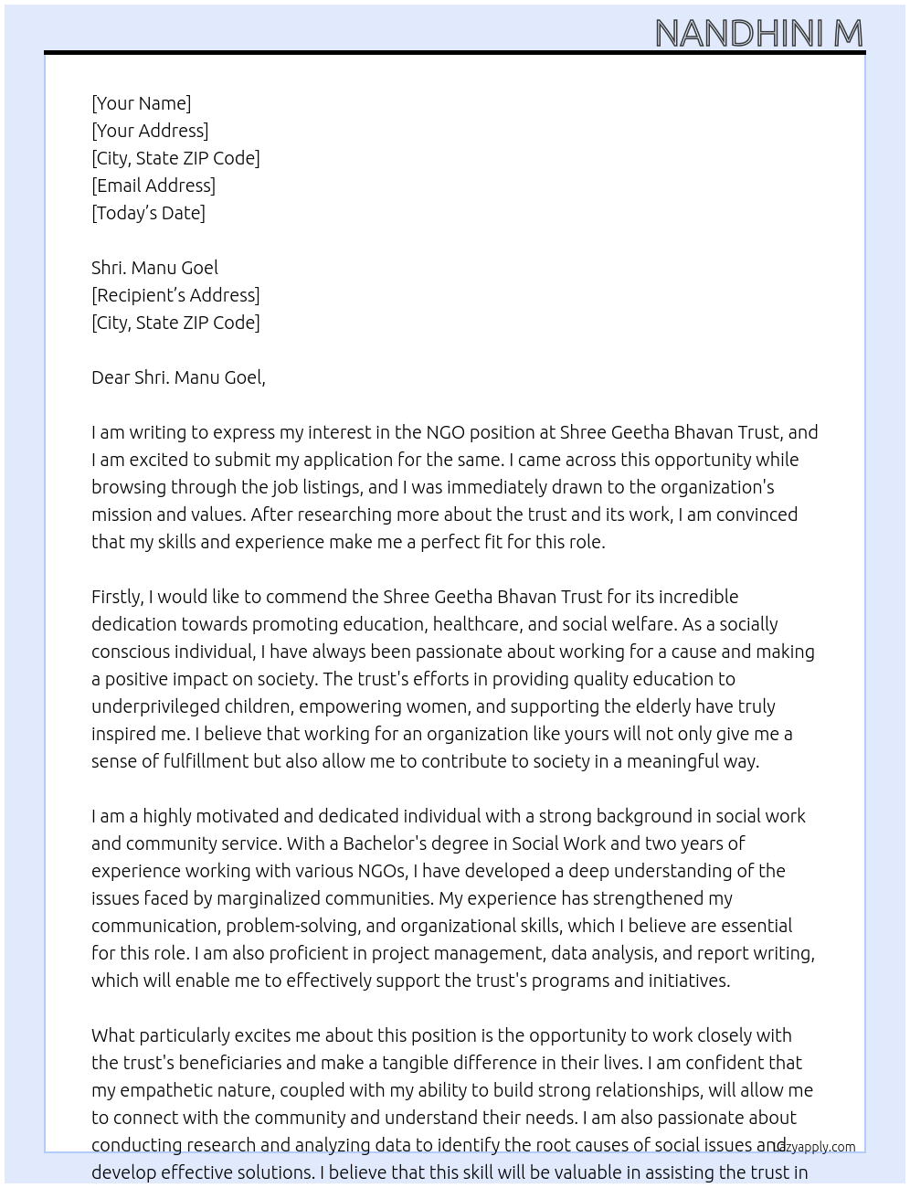 NGO At Shree Geetha Bhavan Trust Cover Letter
