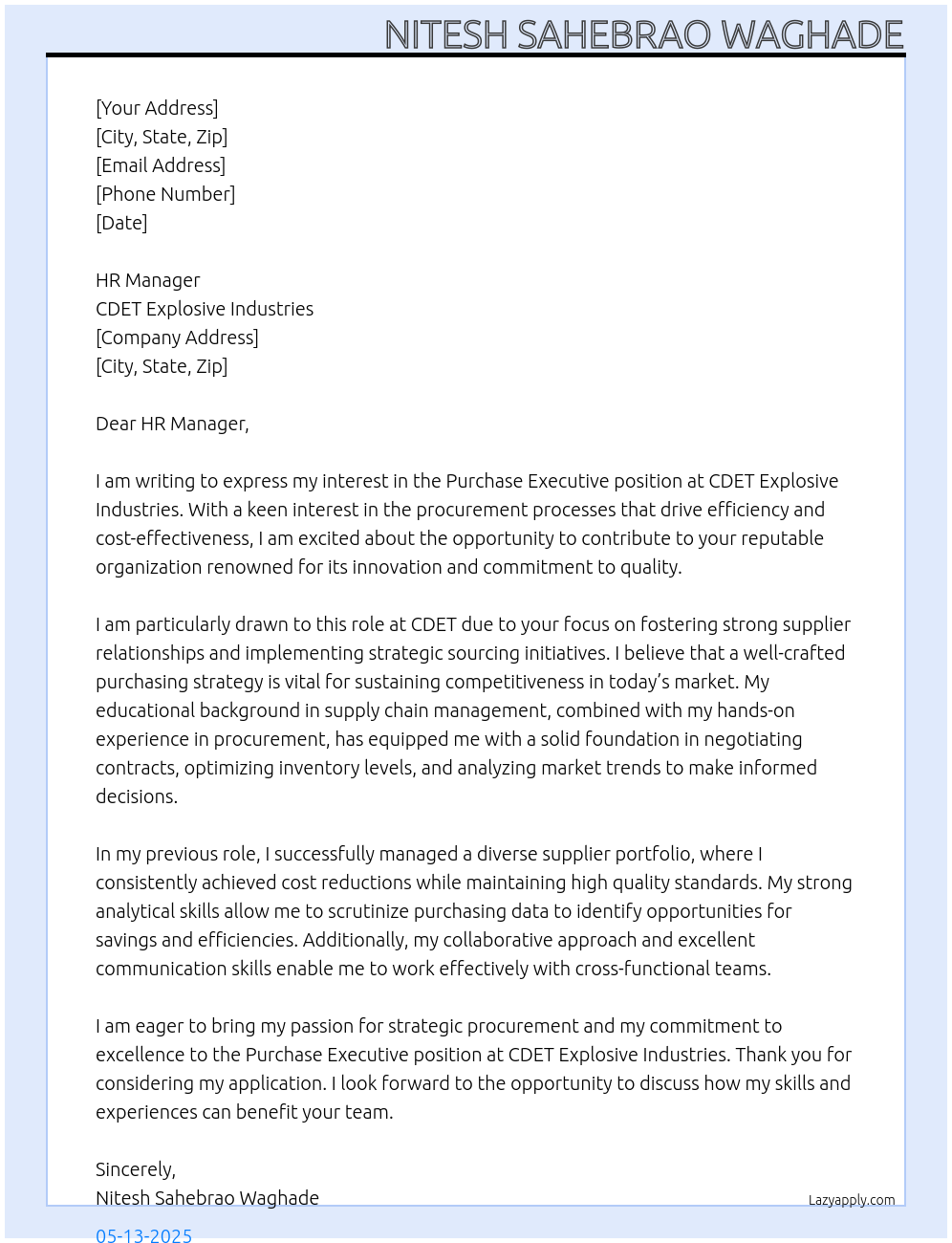 Cover letter for purchase executive - LazyApply