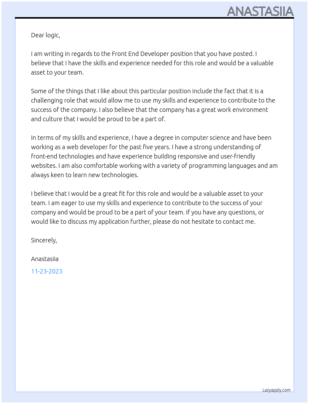 Front End Developer At logic Cover Letter