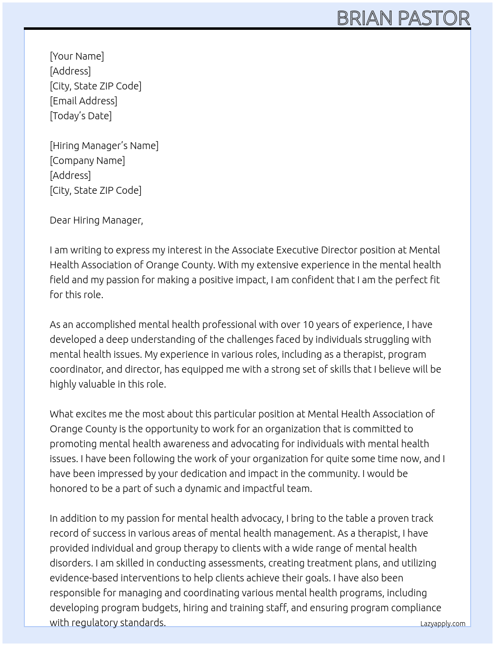 Associate Executive Director At Mental Health Association of Orange County Cover Letter