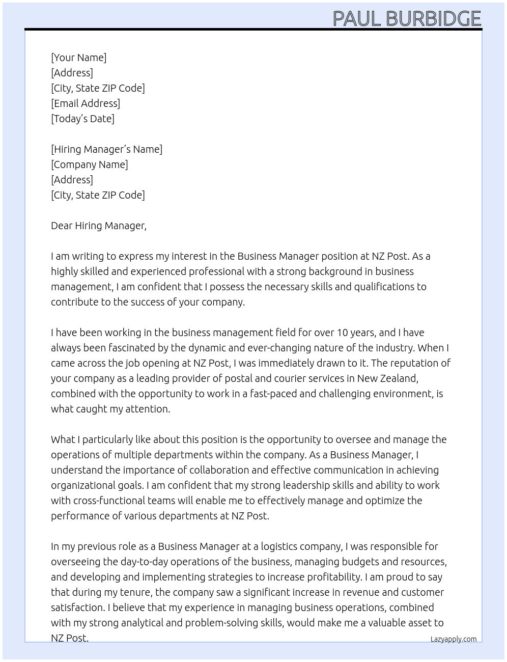 Business Manager At NZ Post Cover Letter