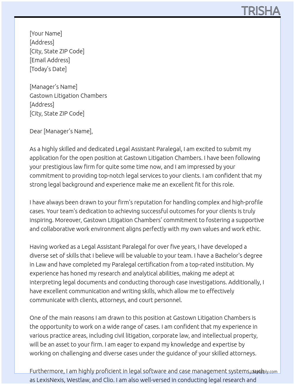 Cover letter for legal assistant paralegal - LazyApply