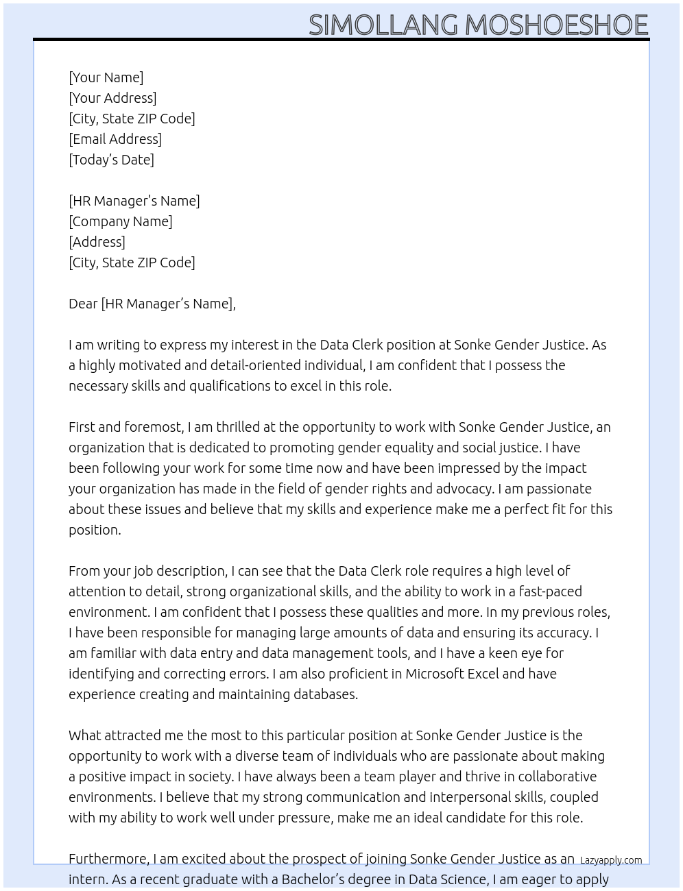 Data clerk At Sonke gender Justice Cover Letter