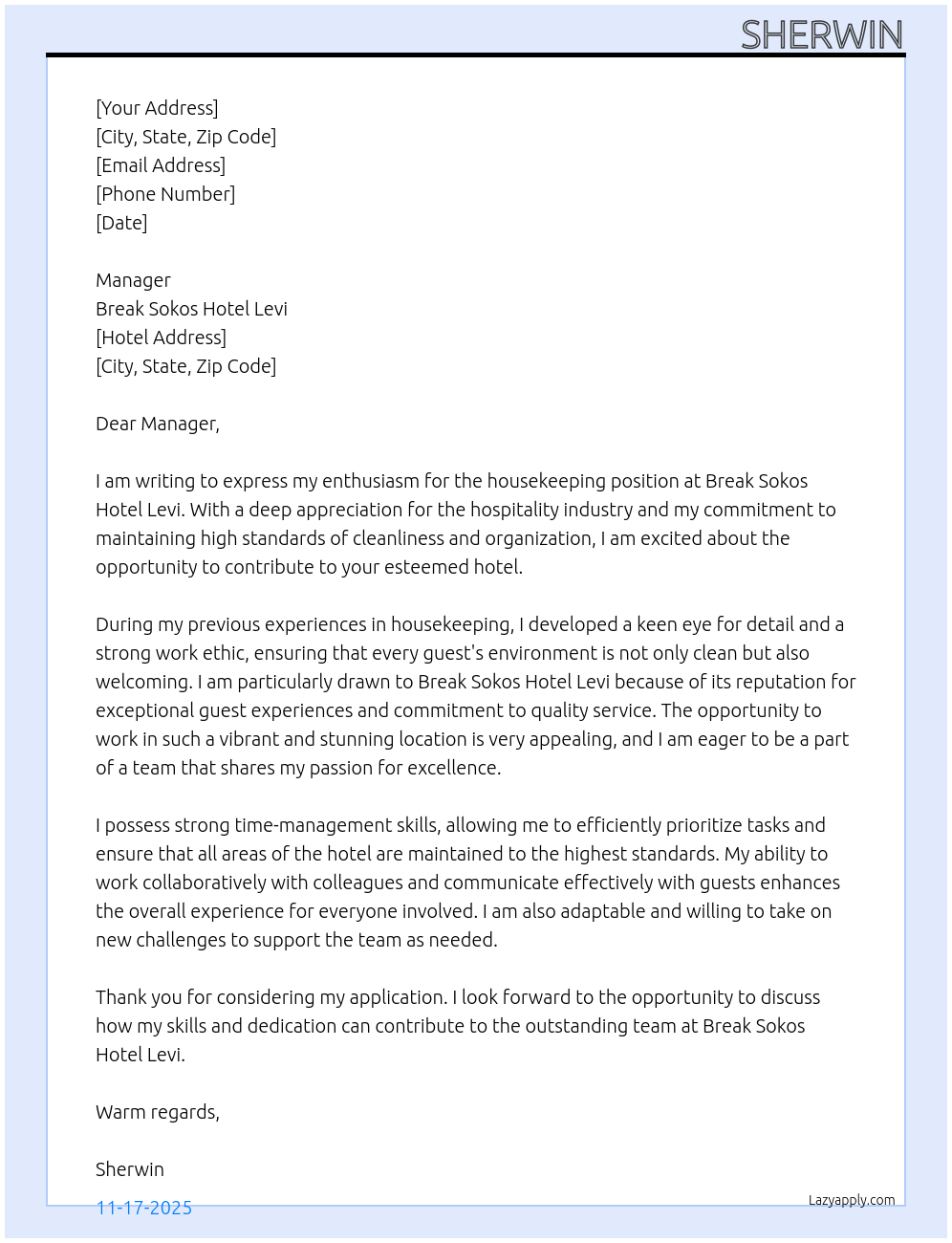 Cover letter for housekeeping - LazyApply