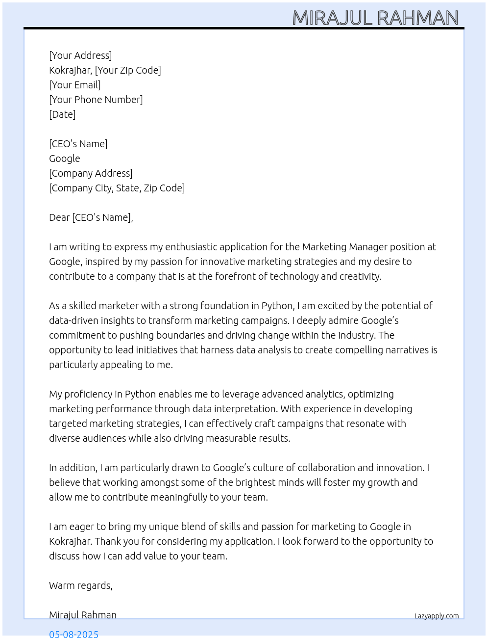 Marketing manager At Google Cover Letter