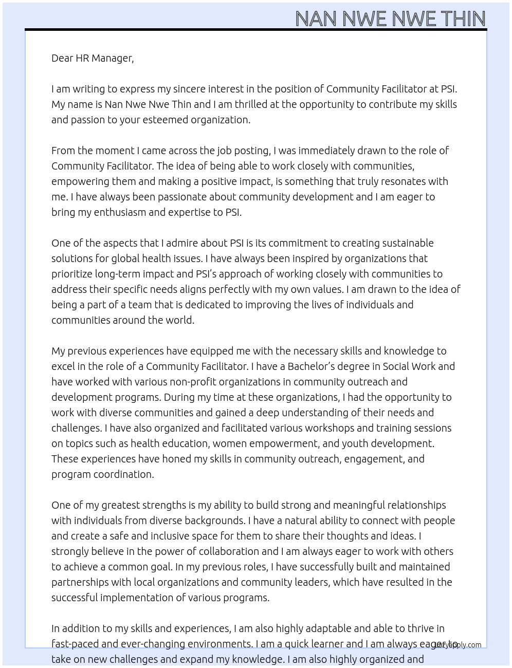 Community facilitator  At PSI Cover Letter