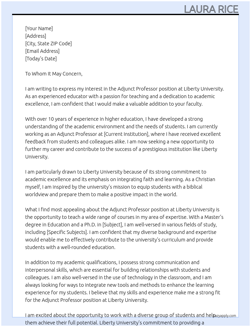 Adjunct Professor At Liberty University Cover Letter
