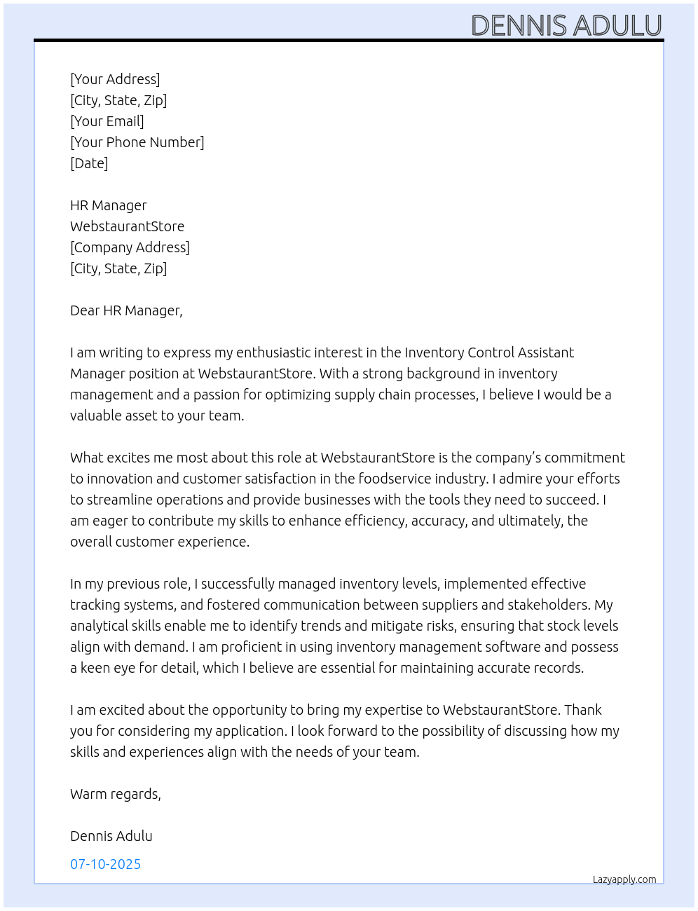 Inventory Control Assistant Manager At WebstaurantStore Cover Letter