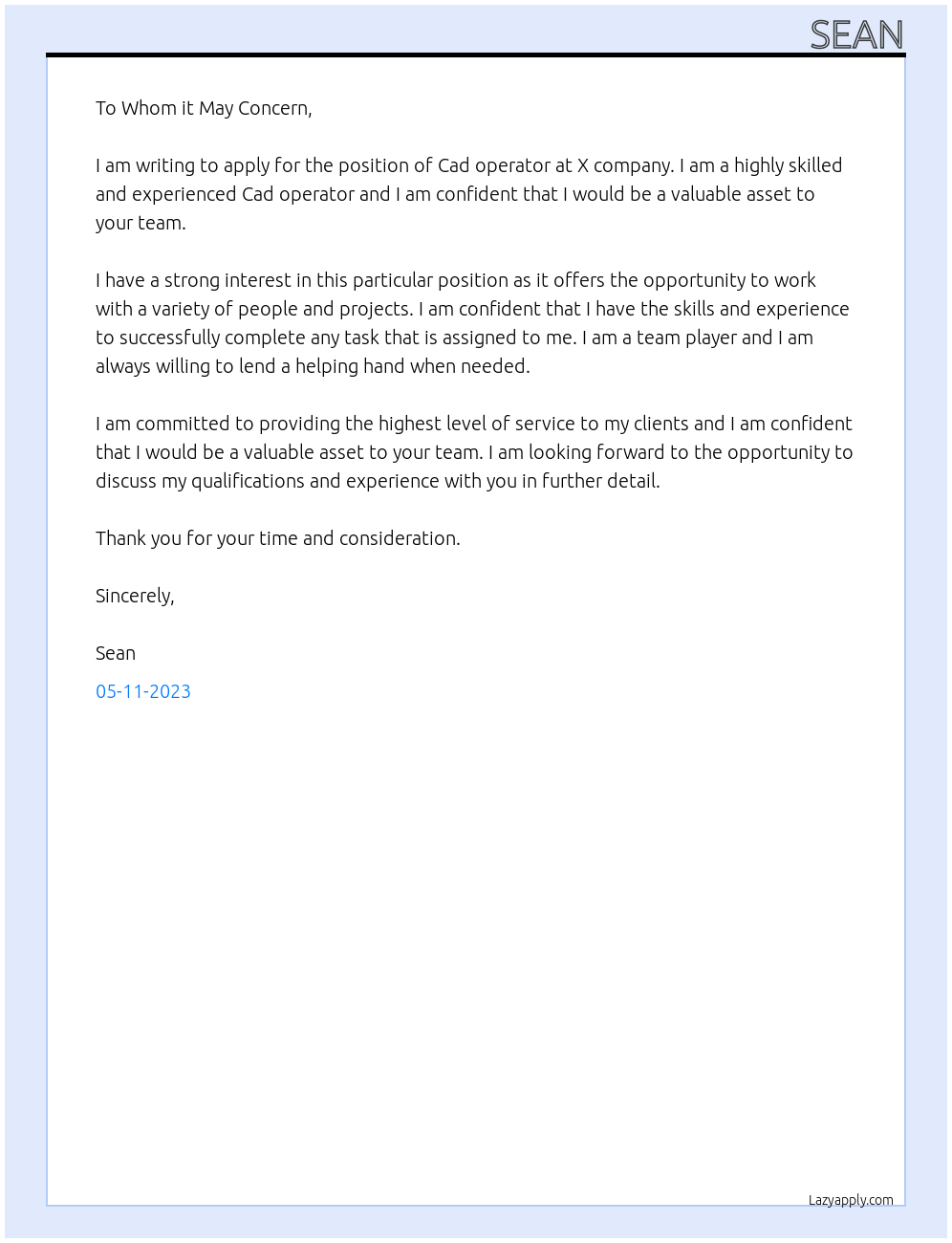 Cad operator At X company Cover Letter