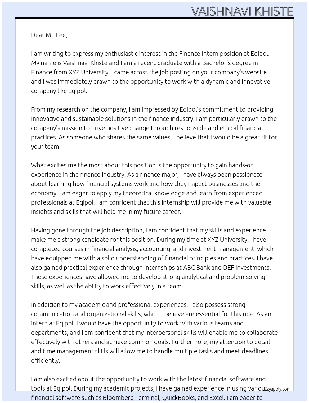 Finance intern At eqipol Cover Letter