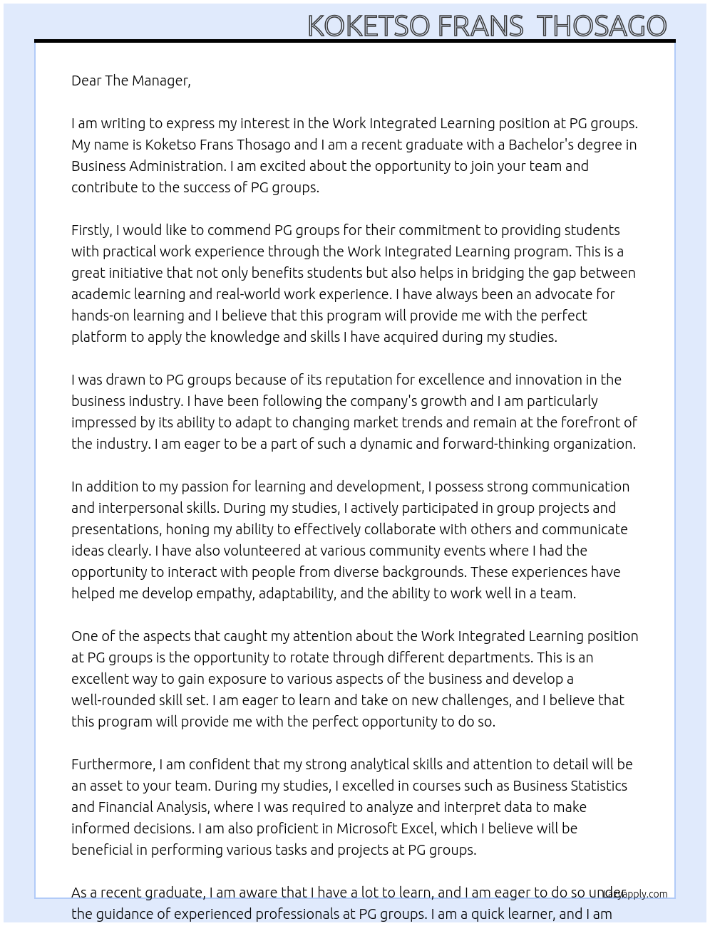 Cover letter for work intergrated learning - LazyApply