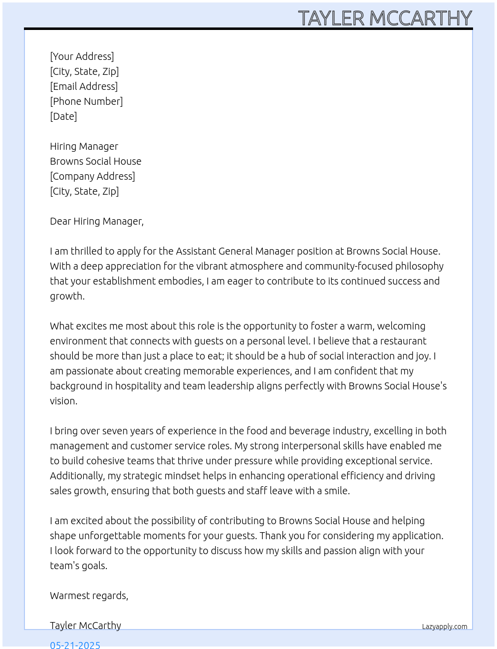 Assistant General Manager At Browns Social House Cover Letter