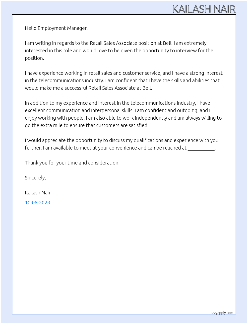 Retail Sales Associate At Bell Cover Letter