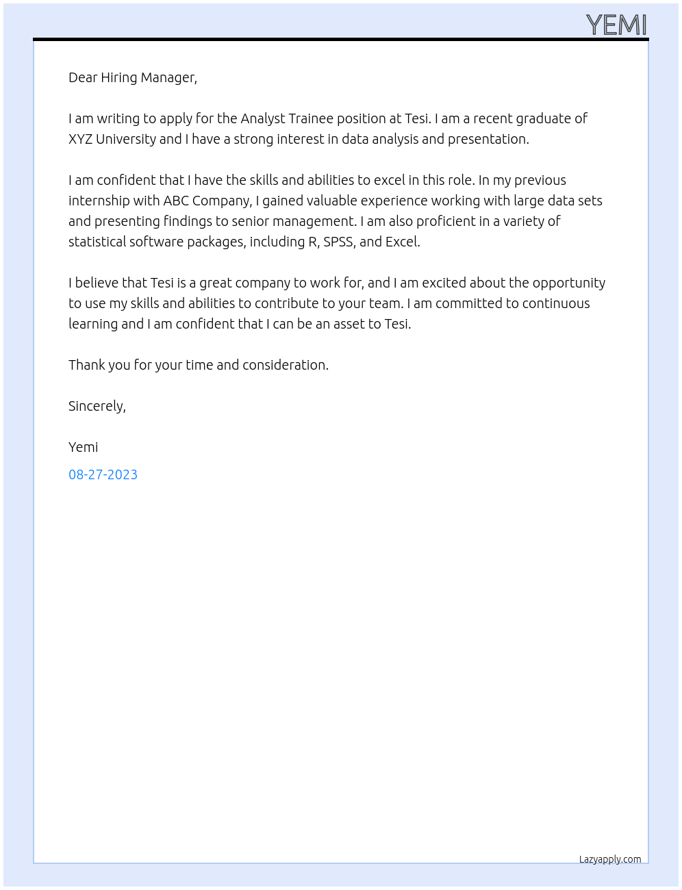 Analyst Trainee At Tesi Cover Letter